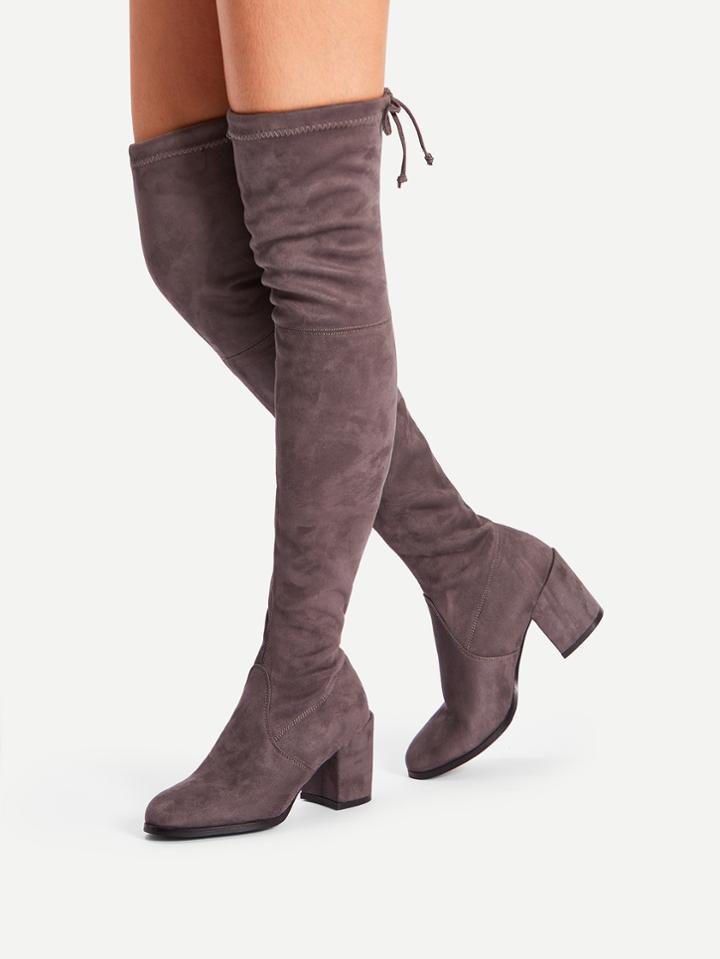 Shein Tie Back Over Knee Block Heeled Boots