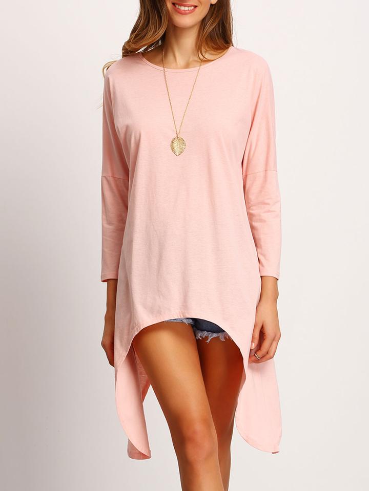 Shein Pink Crew Neck Long Sleeve Asymmetrical T-shirt