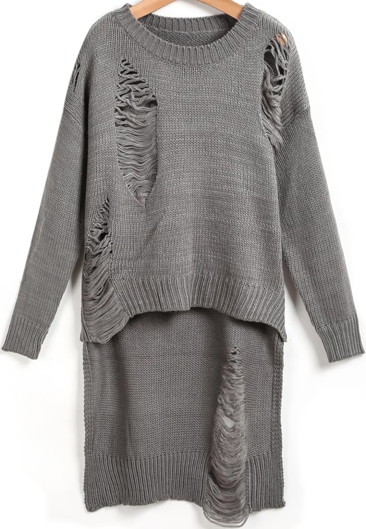 Shein Grey Long Sleeve Hollow Dipped Hem Knit Sweater