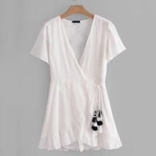 Shein Eyelet Embroidered Ruffle Trim Wrap Romper