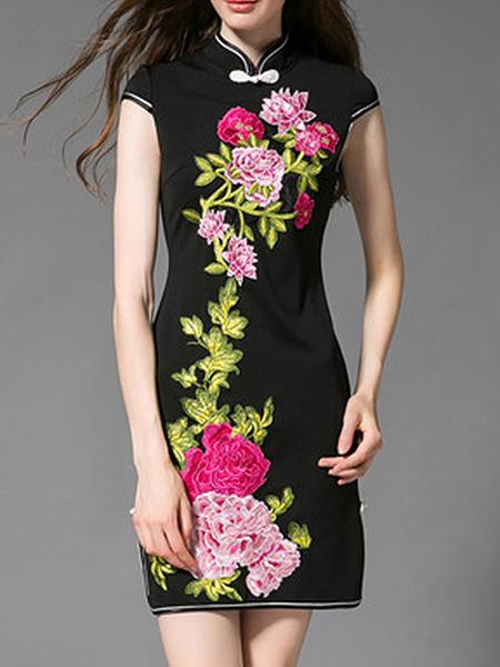 Shein Black Collar Applique Pouf Sheath Dress