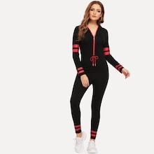 Shein Half Placket Varsity Striped Jersey Jumpsuit