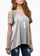 Rosewe Cold Shoulder Cotton Round Neck T Shirt