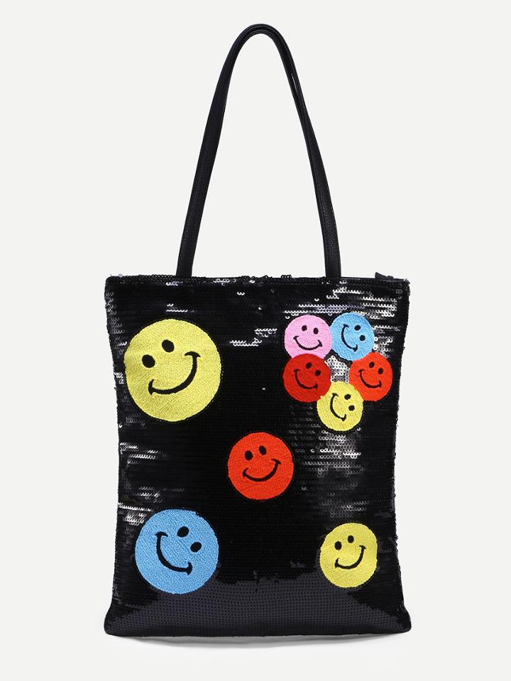 Shein Black Emoji Embroidered Sequin Tote Bag