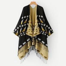 Shein Geo Pattern Fringe Hem Poncho Coat