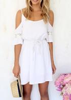Shein White Off The Shoulder Embroidered Lace-up Pleated Dress