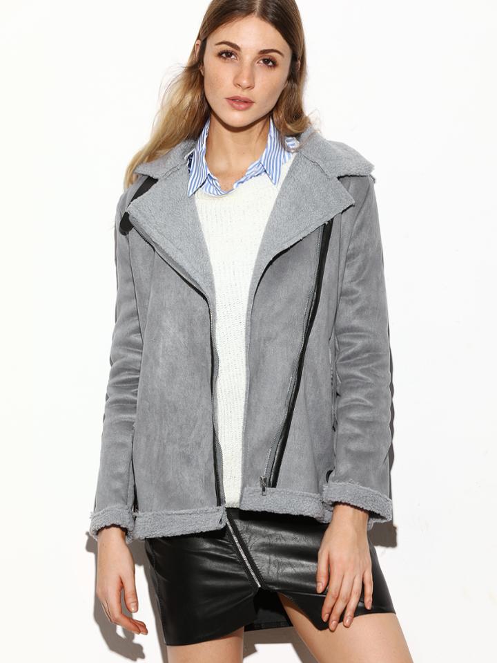 Shein Grey Oblique Zipper Sherpa Lined Suede Jacket