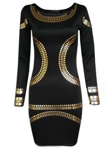 Rosewe Amazing Solid Black Long Sleeve Work Dress With Sequin