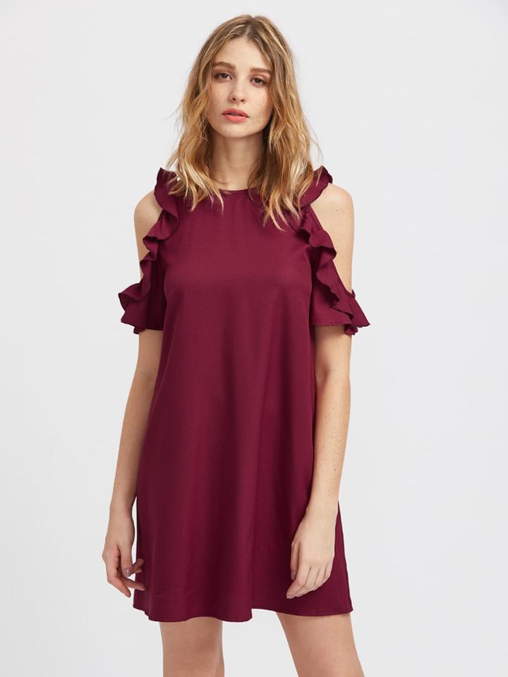 Shein Buttoned Keyhole Back Frilled Open Shoulder Dress