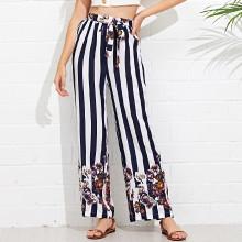 Shein Stripe & Flower Print Belted Pants