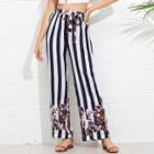 Shein Stripe & Flower Print Belted Pants