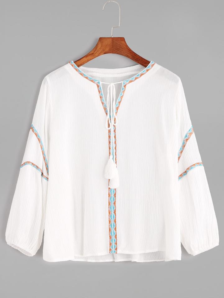 Shein White Embroidered Tassel Tie Neck Blouse