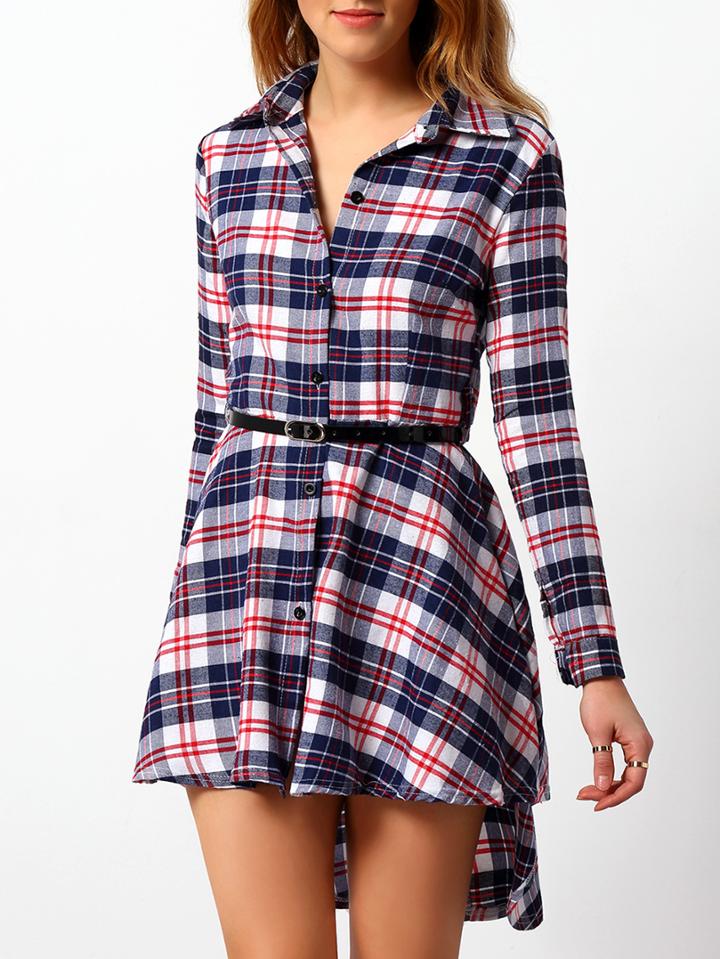 Shein Blue Red Long Sleeve Plaid Shirt Dress