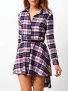 Shein Blue Red Long Sleeve Plaid Shirt Dress