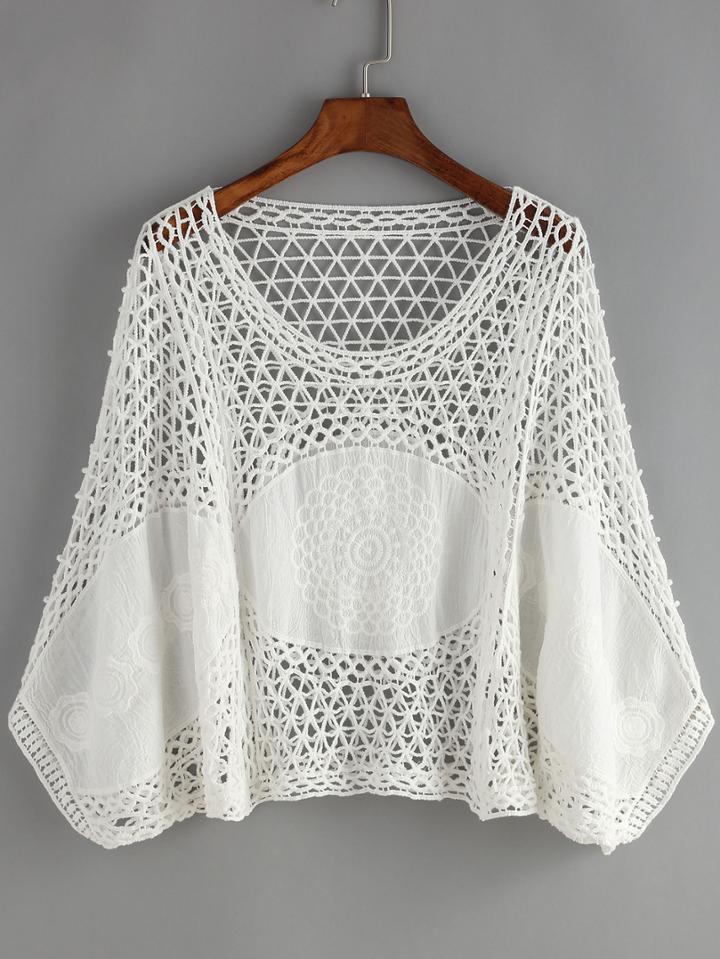 Shein White Round Neck Hollow Loose Crop Blouse