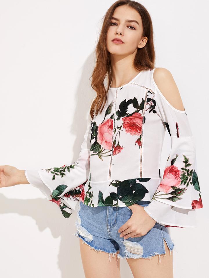 Shein Open Shoulder Tiered Flute Sleeve Random Florals Top