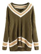 Shein Army Green Contrast Striped V Neck Ribbed Dip Hem Sweater