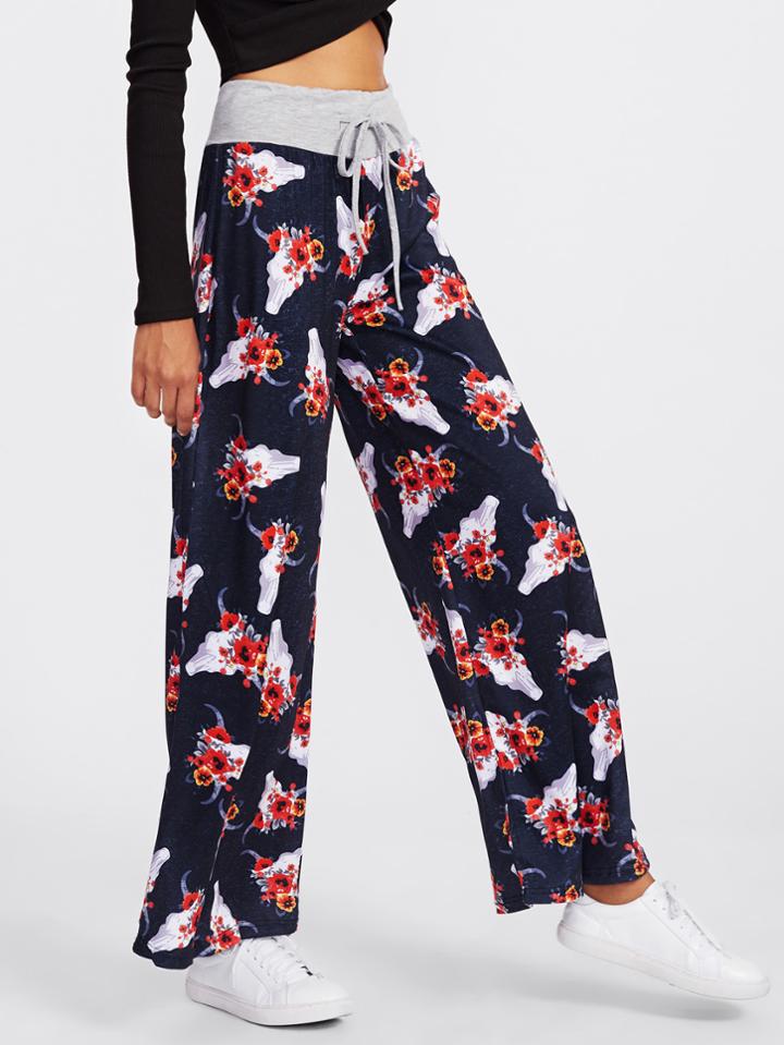 Shein Botanical Print Drawstring Wide Leg Pants