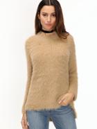 Shein Khaki Raglan Sleeve High Low Fuzzy Sweater