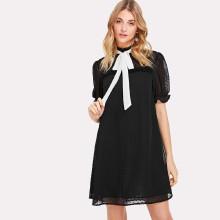 Shein Contrast Tie Neck Frill Trim Jacquard Dress