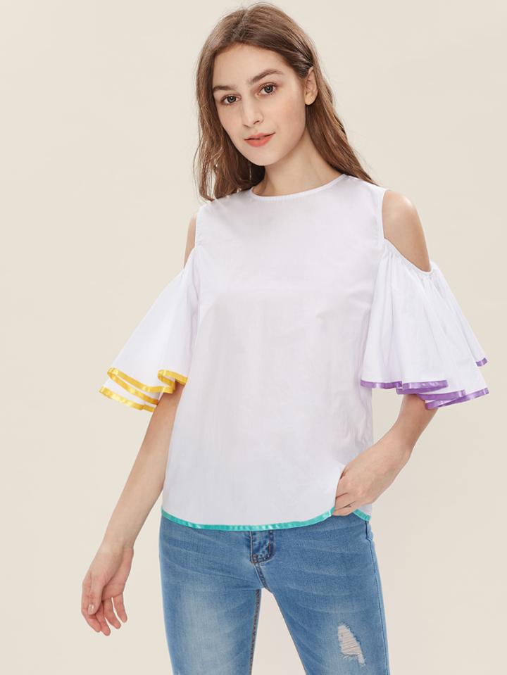 Shein Ribbon Binding Open Shoulder Flutter Sleeve Top