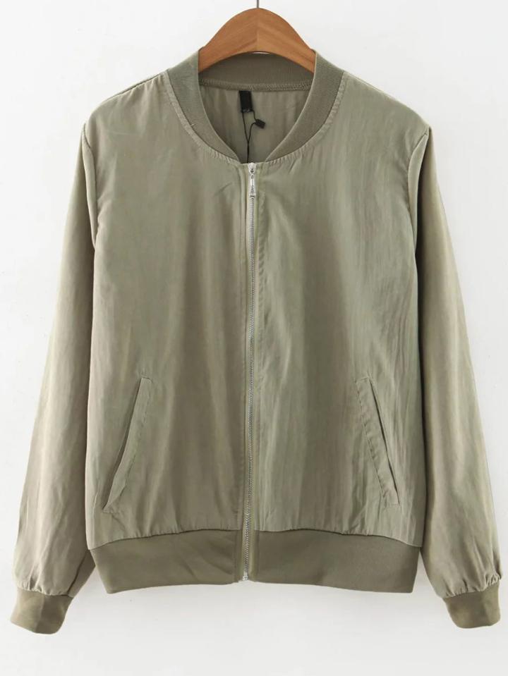 Shein Army Green Zipper Up Bomber Jacket