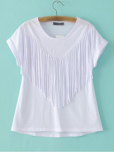 Shein White Roll Up Cuff Fringe Casual T-shirt