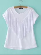 Shein White Roll Up Cuff Fringe Casual T-shirt