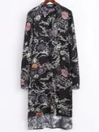 Shein Black Floral Print High Low Shirt Dress