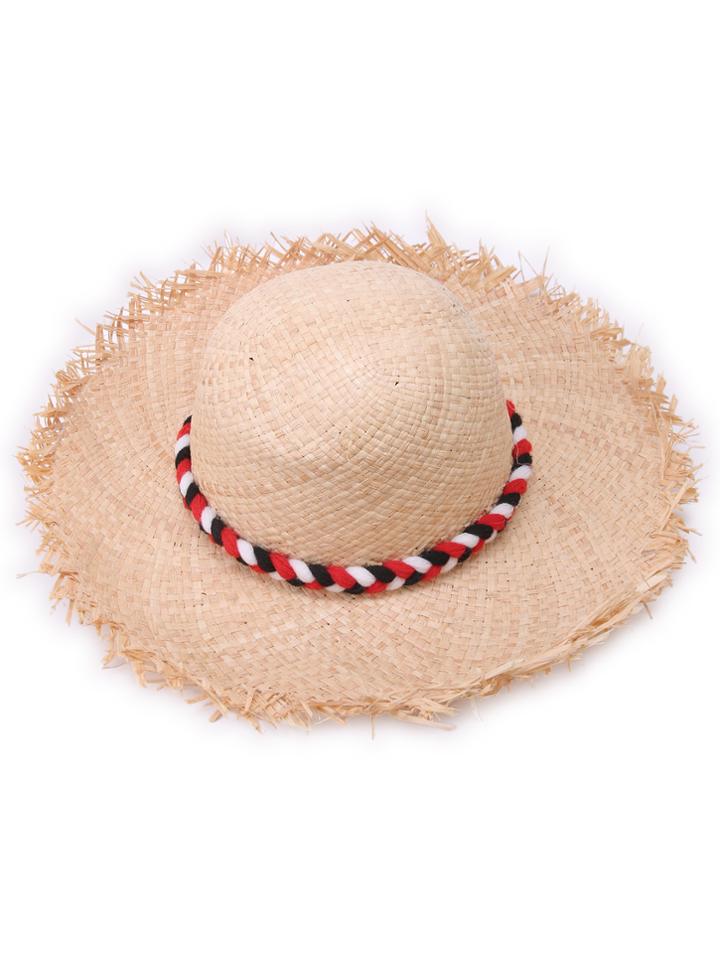 Shein Braided Rope Pom Pom Embellished Raw Edge Straw Hat