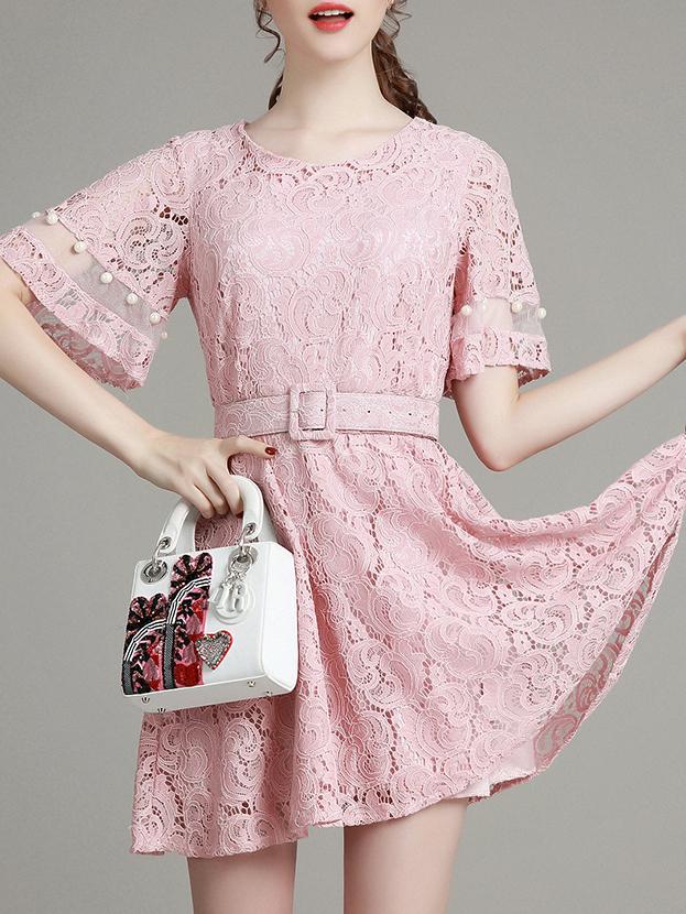 Shein Pink Contrast Gauze Belted A-line Lace Dress