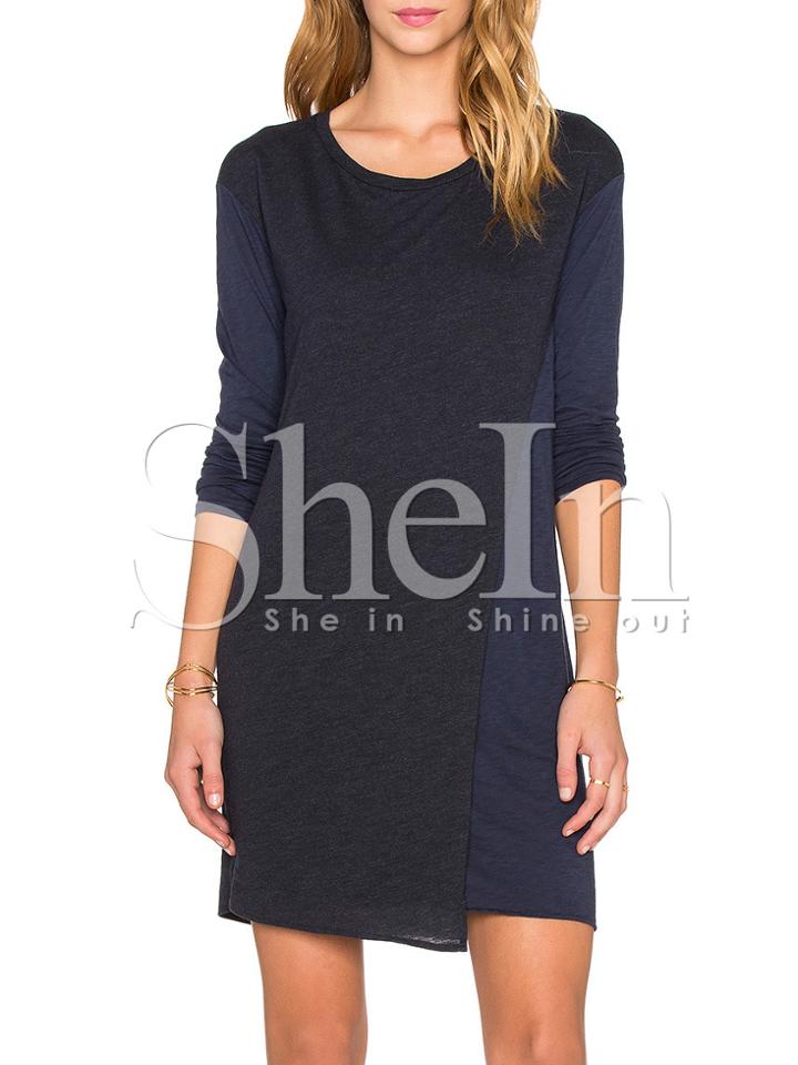 Shein Navy Round Neck Color Block Dress