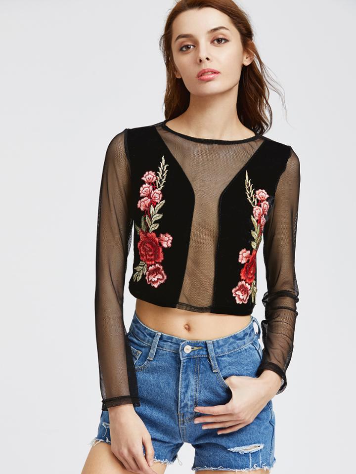 Shein Black Contrast Velvet Embroidered Sheer Mesh Top