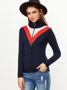 Shein Navy Chevron Pattern Zip Turtleneck Sweater