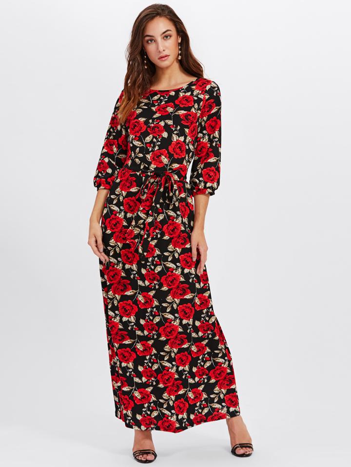 Shein Allover Floral Print Random Maxi Dress With Belt