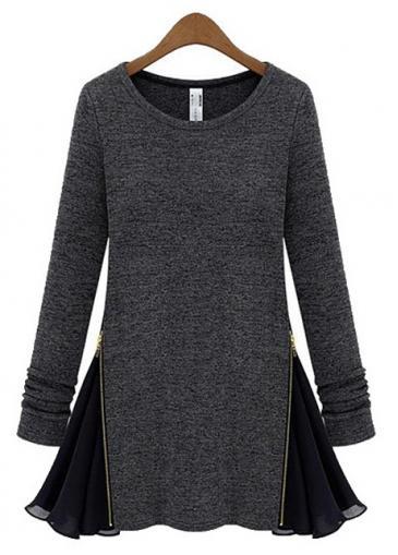 Rosewe Black And Deep Grey Color Blocking Casual Tees