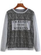 Shein Grey Round Neck Leopard Letters Print Sweatshirt
