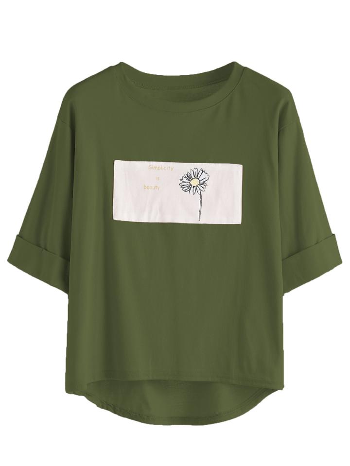 Shein Graphic Print Dip Hem Cuffed Tee