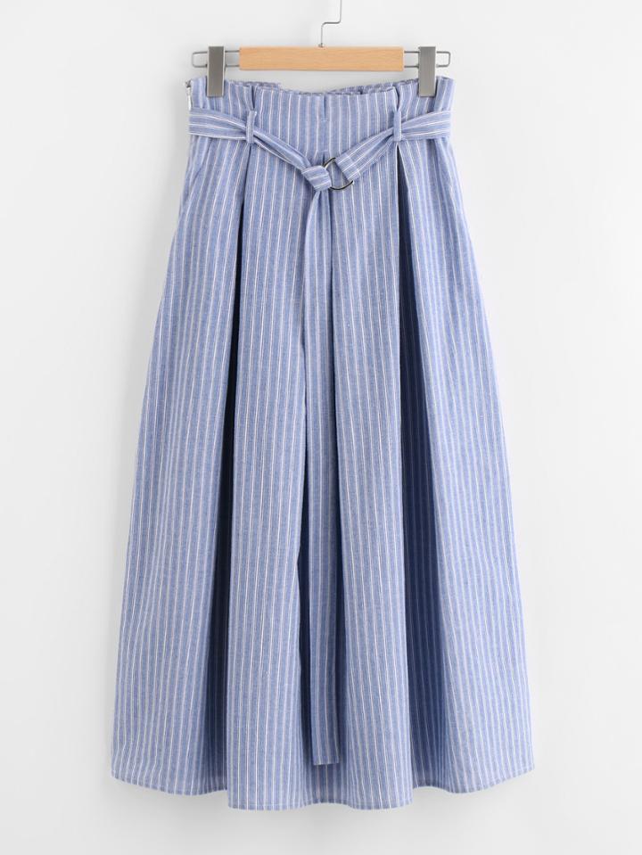 Shein D-ring Belt Detail Box Pleated Pinstripe Skirt