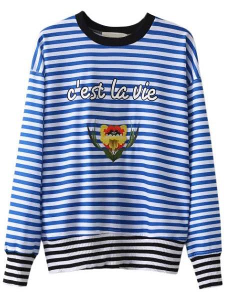 Shein Blue Striped Floral Embroidery Casual Sweatshirt