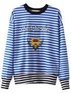 Shein Blue Striped Floral Embroidery Casual Sweatshirt