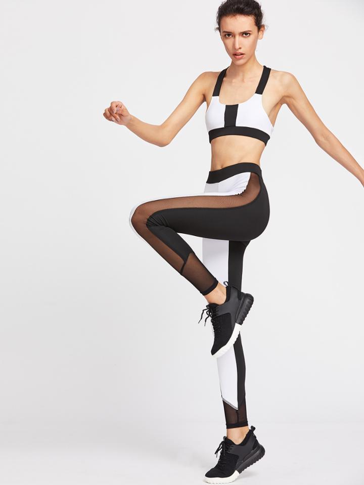 Shein Color Block Sports Bra With Mesh Insert Leggings