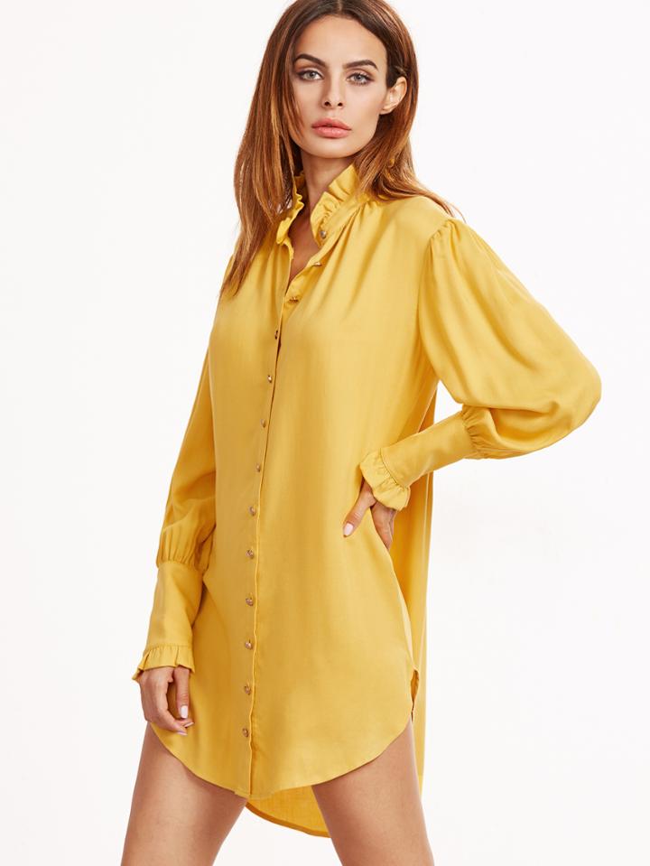 Shein Yellow Ruffle Collar And Bishop Sleeve Shirt Dress