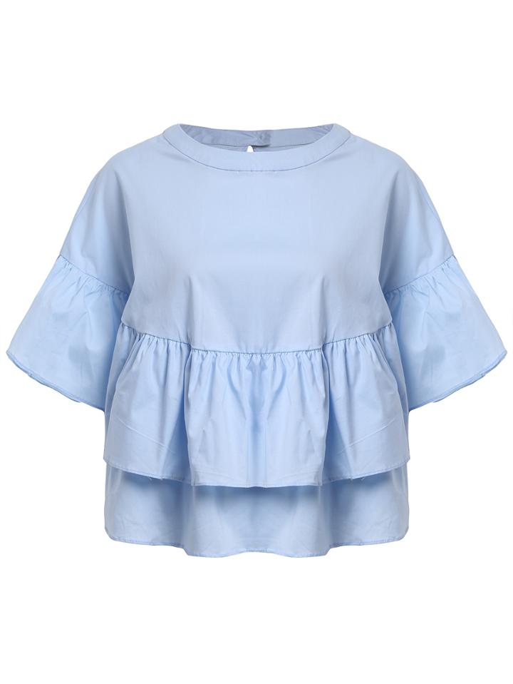 Shein Blue Crew Neck Ruffle Loose Crop Blouse