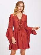 Shein Lace Insert Tassel Tie Front Bell Sleeve Dress