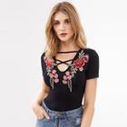Shein Strappy Neck Embroidered Flower Patch Tee Bodysuit