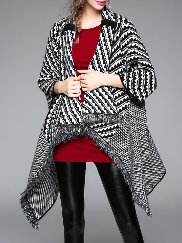 Shein Black Zigzag Print Fringe Asymmetric Cape Coat
