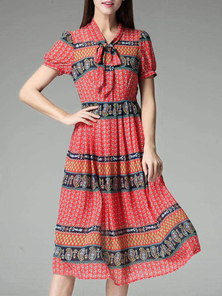 Shein Red Tie Neck Print A-line Dress