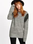 Shein Grey Marled Knit Fringe Trim Eyelet Sweater