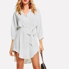 Shein Curved Hem Belted Pinstripe Dress